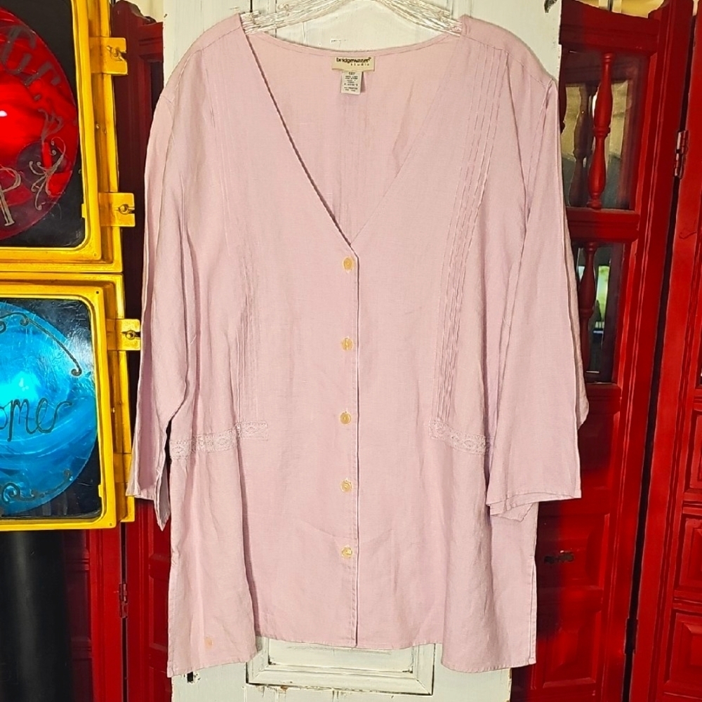 Bridgewater Studio Womens Pink Linen Button-up V-neck Tunic Blouse 20W